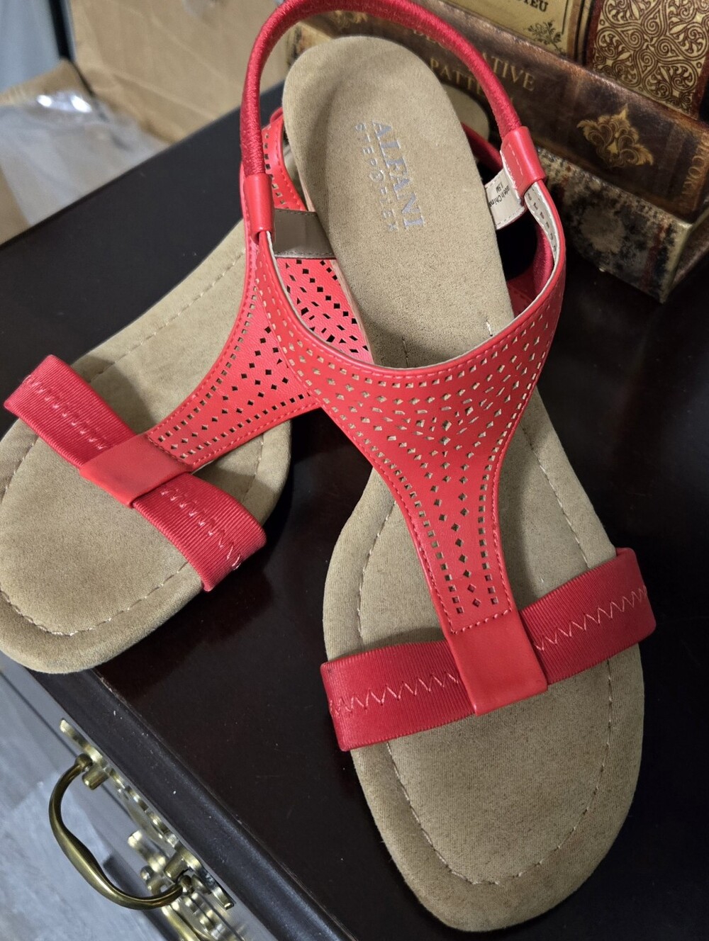 Alfani Red Laser-Cut T-Strap Slingback Sandals